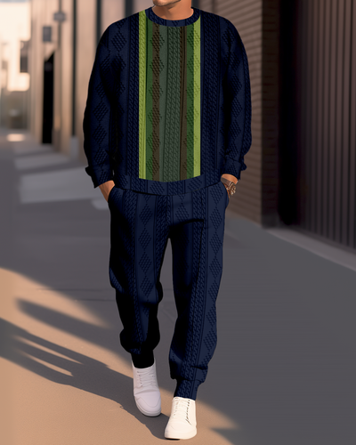 Men's Textured Jacquard Round Neck Casual Sports Set  008