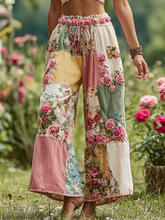 Load image into Gallery viewer, Women's Rose Floral Patchwork Waist Elastic Pocket Pants