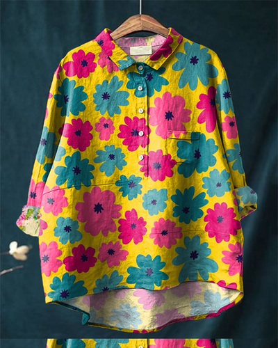 Vintage Multicolor Floral Print Casual Cotton and Linen Shirt