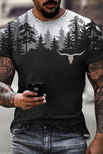 Wearshes Men'S Forest Bull Head Patchwork Print Short Sleeve T-Shirt