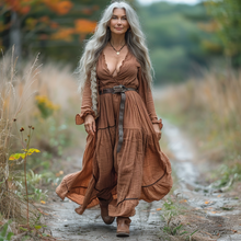 Load image into Gallery viewer, Women's Vintage Pastoral Style V-neck Linen Long-sleeve Maxi Long Dress