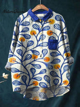 Load image into Gallery viewer, Blue Floral Decorative Pattern Casual Cotton And Linen Shirt