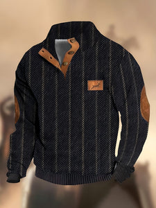 Men's Retro Country Casual Twill Wool Elk Logo Stand Collar Button Sweatshirt