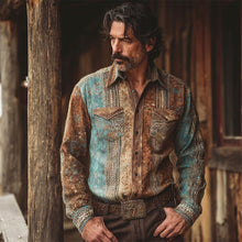 Load image into Gallery viewer, Western Vintage Print Men's Linen Long Sleeve Shirt