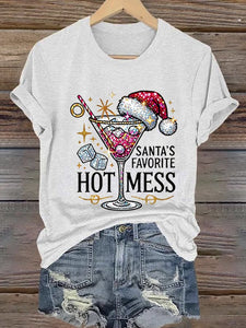 Women's Christmas Santa's Favorite Hot Mess Printed Crew Neck T-Shirt