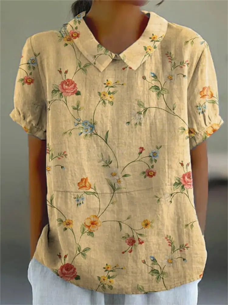 Women's Retro Floral Art Print Casual Cotton And Linen Shirt