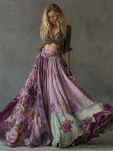 Load image into Gallery viewer, Boho Purple Roses Embroidered Floral Patchwork Flowy Wide Skirt