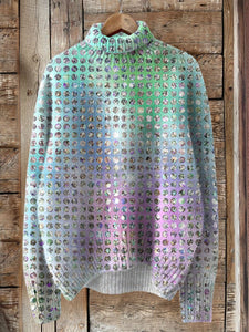 Vintage Glitter Pattern Art Print Knit Turtleneck Pullover Sweater