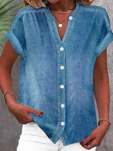Women's Casual Denim Short Sleeve Shirt