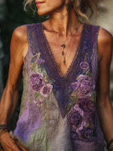Load image into Gallery viewer, Vintage Glitter Purple Roses Embroidered Linen Tank Top