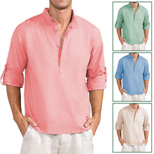 Load image into Gallery viewer, Men's Linen Henley Shirt Roll-Up Long Sleeve Plus Size Summer Shirts