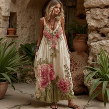 Load image into Gallery viewer, Women Vintage Floral Embroidery Art V Neck Linen Maxi Dress