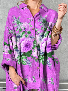 Women's Art Elegant Rose Floral Pattern Cotton Shirt