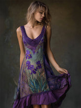 Load image into Gallery viewer, Purple Irises Embroidered Lace Patchwork Flowy Linen Dress