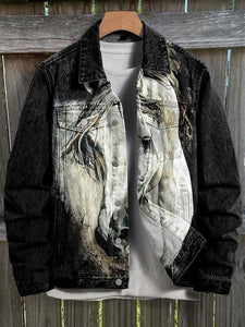 Horse Art Print Casual Denim Jacket