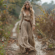 Load image into Gallery viewer, Women's Retro Pastoral Style Lace Long-sleeve Linen Maxi Long Dress