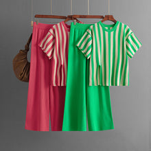 Load image into Gallery viewer, Casual Vertical Stripe Slit Top &amp; High Waist Solid Color Pants Two-Piece Set