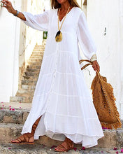 Load image into Gallery viewer, Boho Solid V-Neck Loose Long Sleeve Linen Dress