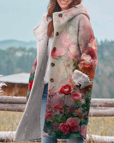 Vintage Floral Art Print Hooded Long Sleeve Jacket