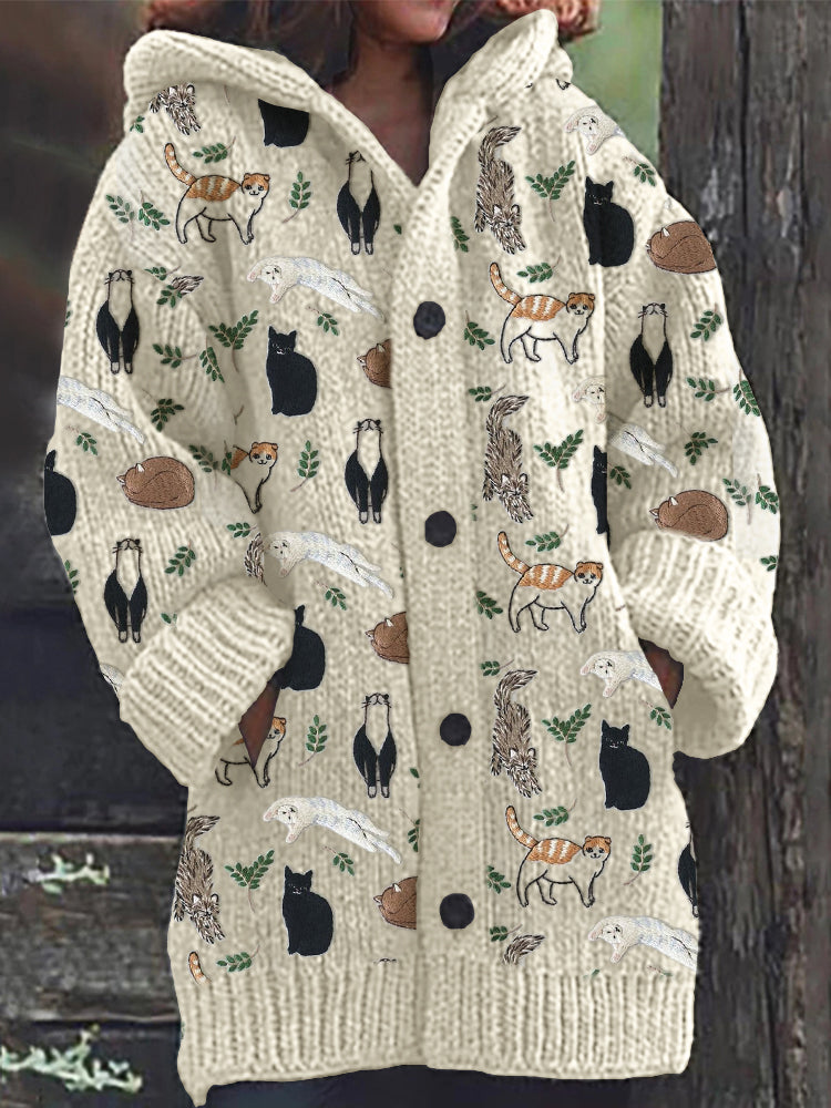 Cats & Leaves Embroidery Pattern Cozy Hooded Cardigan