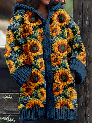 Classic Sunflowers Embroidery Art Cozy Knit Hooded Cardigan