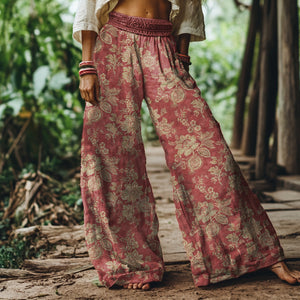 Vintage Bohemian Floral Print Loose Wide Leg Pants