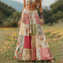 Load image into Gallery viewer, Vintage Boho Floral Patchwork Art Flowy Linen Skirt