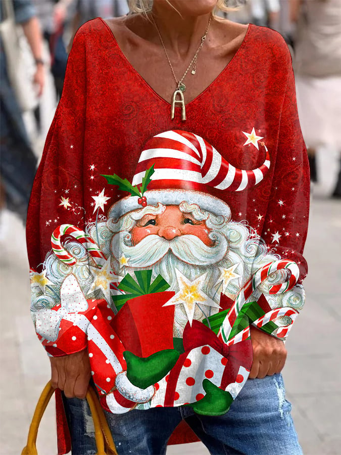 Women's Christmas Santa Claus Print Casual V-Neck Top