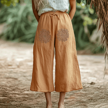 Load image into Gallery viewer, Women's Linen Ethnic Bohemian Floral Wide-leg Cropped Trouser Pants