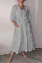 Load image into Gallery viewer, Women's V-neck Solid Color Mid-length Sleeve Cotton and Linen Dress