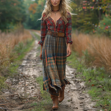 Load image into Gallery viewer, Women's Retro V-neck Plaid Long-sleeve Bohemian Pastoral Style Maxi Long Dress