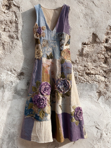 Purple Roses Embroidered Patchwork Linen Midi Dress