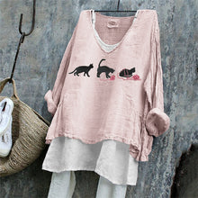 Load image into Gallery viewer, Black Cats With Pink Yarn Balls Embroidered Linen Tunic