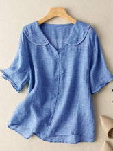 Load image into Gallery viewer, Cotton And Linen Retro Short Sleeved Navy Doll Collar Thin Shirt