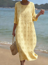 Load image into Gallery viewer, Women's Casual  Round Neck Mid Sleeve Print Cotton and Linen Dress
