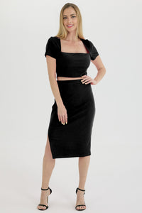 Ribbed Square Neck Crop Top Slit Skirt Suits