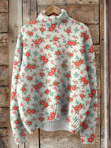 Retro Lovely Floral Art Print Knit Turtleneck Pullover Sweater