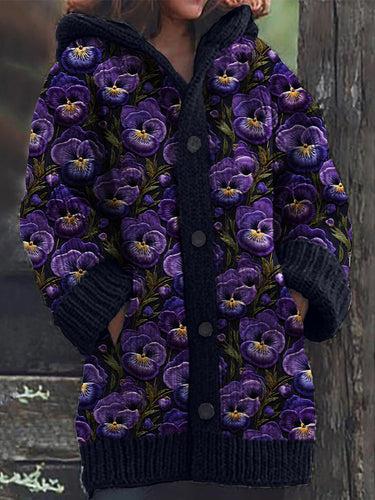 Pansy Floral Embroidery Pattern Cozy Hooded Cardigan