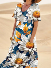 Load image into Gallery viewer, Large White Daisy Floral Pattern Printed Women's Linen Pocket Dress