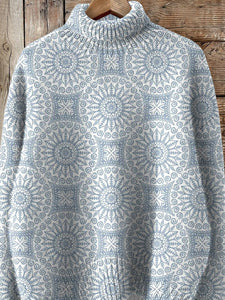 Bohemian Style Geometric Pattern Printed Knit Turtleneck Pullover Sweater