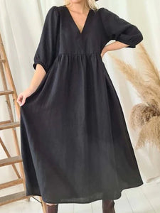 Women's Spring and Summer Linen V-Neck Midi Dress