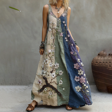 Load image into Gallery viewer, Vintage Gradient Japanese Sakura Cherry Blossoms Embroidered Pattern Linen V Neck Long Dress