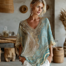 Load image into Gallery viewer, Vintage Marble Texture Collection Bohemia Women Style Gradient Black Gilded Pattern Linen V Neck T-shirt