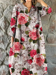 Women's  Floral Art Print Elegant Simple  Cotton Shirt Dress