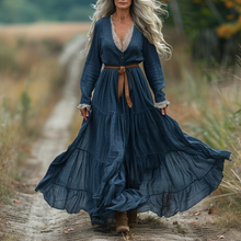 Load image into Gallery viewer, Women's Vintage V-neck Linen Long-sleeve Maxi Long Dress