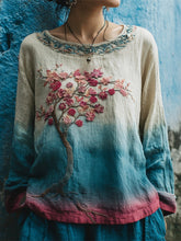 Load image into Gallery viewer, Vintage Plum Flower Embroidery Women's Linen Long Sleeve Shirt
