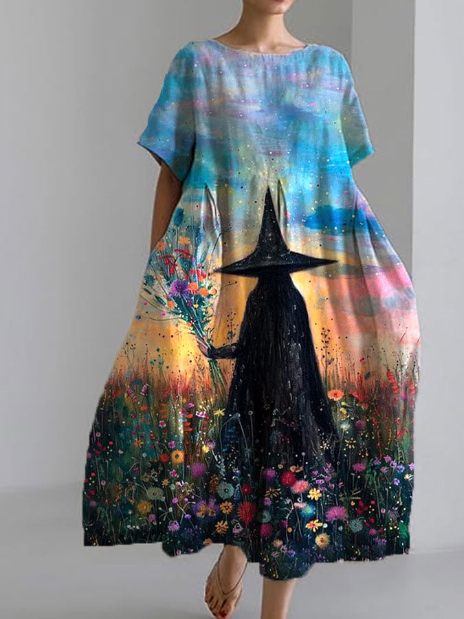 Women's Halloween Witch Oil Painting Design Casual Pocket Loose Dress