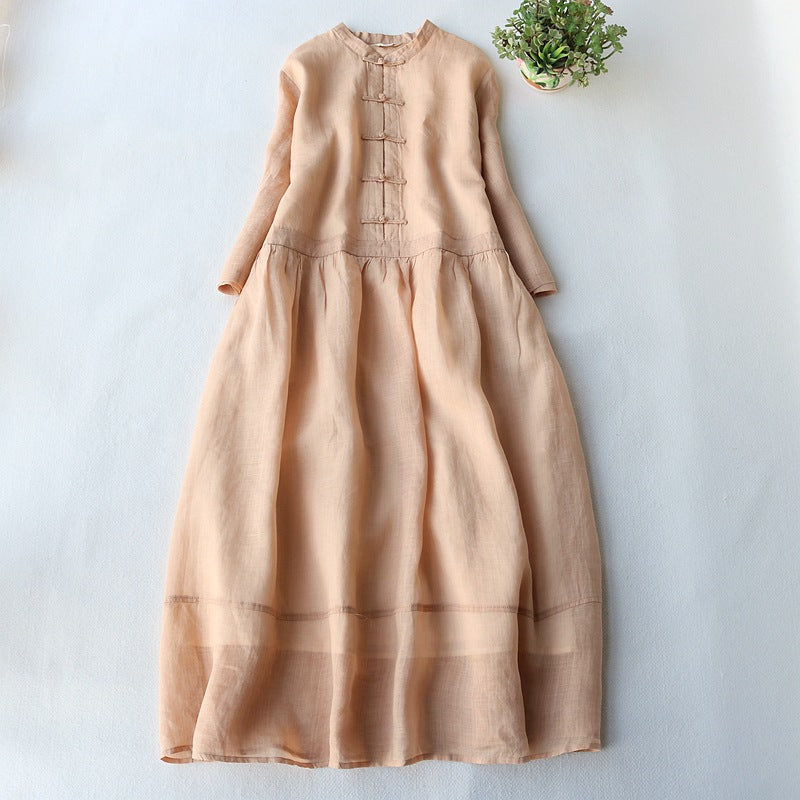 Standing Collar Retro Button Up Ramie Long Skirt