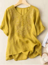 Load image into Gallery viewer, Women's Cotton Linen Embroidered Loose Casual T-Shirt