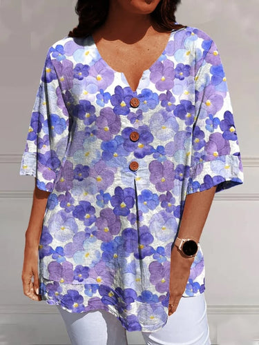 Women's Floral Pattern Print Casual V-neck Shirt